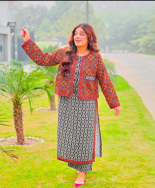 Stylish 3 Pcs Printed Khaddar Suit with Embroidered Dupatta Unstiched