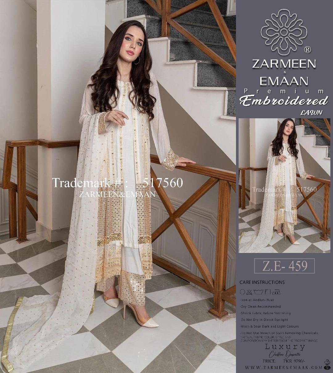 3 Pcs Women's Unstitched Linen Embroidered Fancy Suit By Zarmeen & Emaan