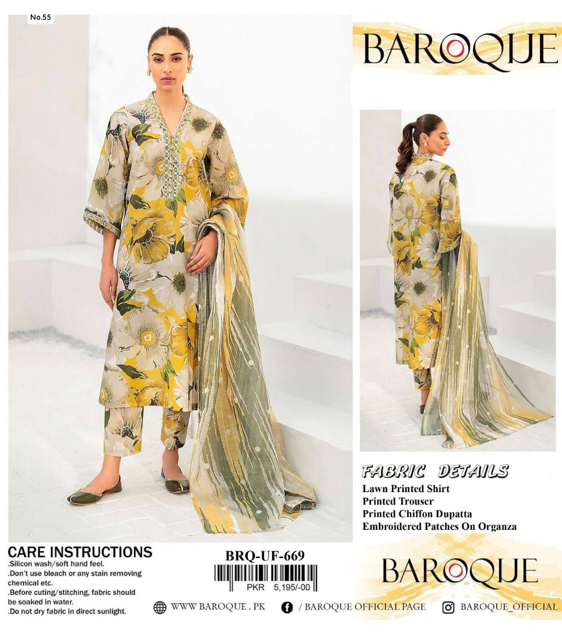 3 Pc Lawn Unstich Suit By Baroque