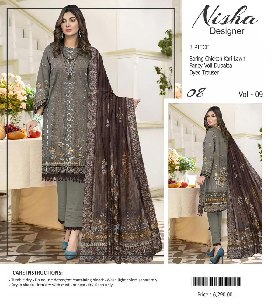 3 Pcs Women's Unstitched Lawn Chikankari Embroidered Suit By Nisha Designer