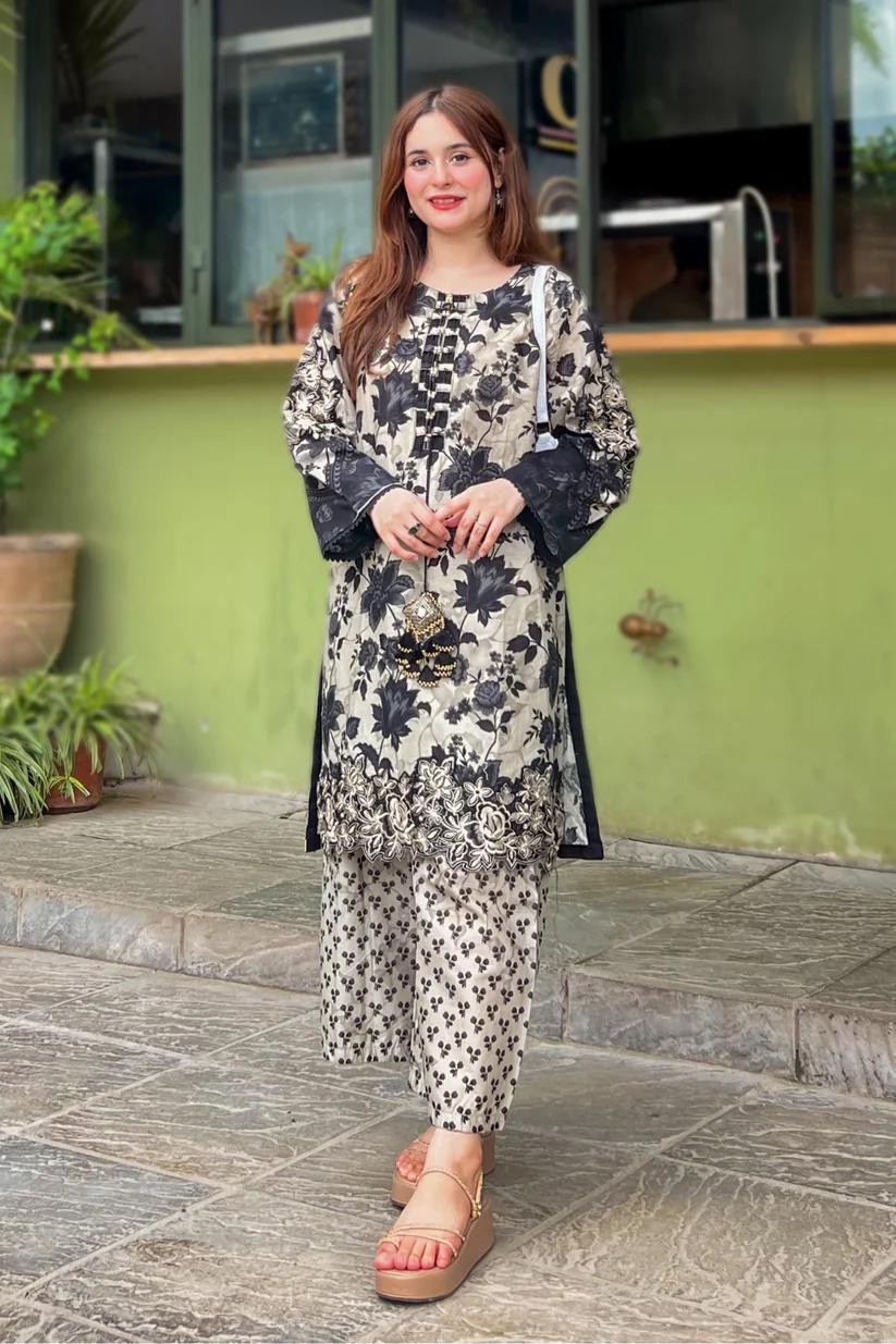 Stylish Printed Khaddar Women's Shirt and Trouser Set - 2 Pcs