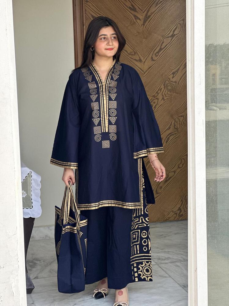 Bareeze 2 Pc Stiched Suit Printed With Same Design HandBag