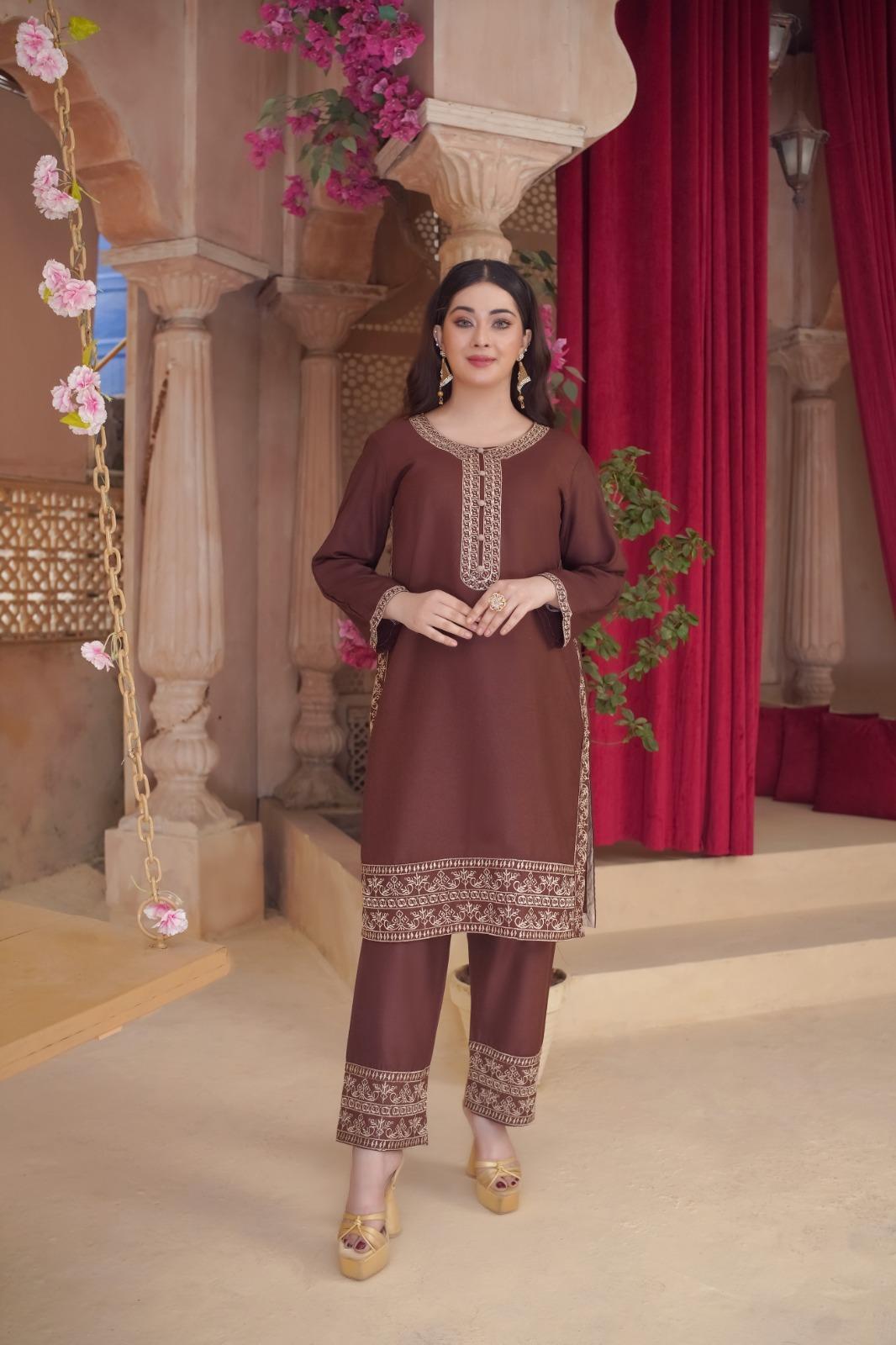 2 Pc Stylish Dhanak Embroidered Women's Stitched Shirt and Trouser Set