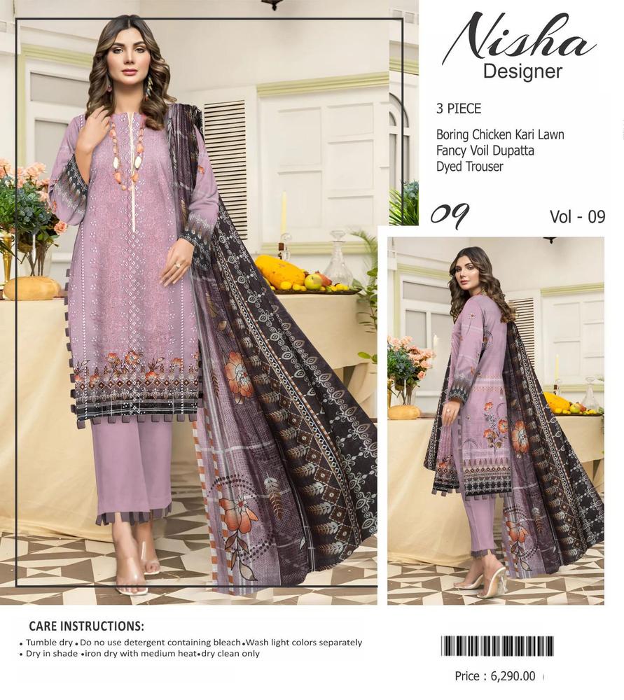 3 Pcs Women's Unstitched Lawn Chikankari Embroidered Suit By Nisha Designer