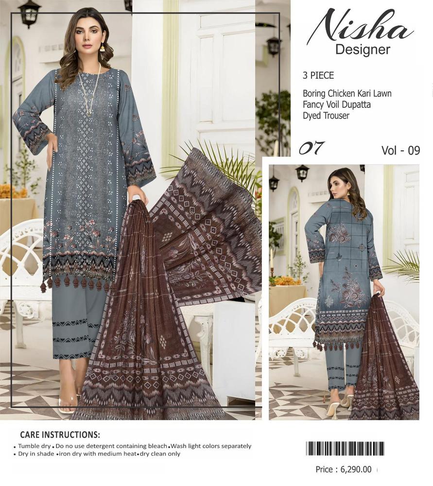 3 Pcs Women's Unstitched Lawn Chikankari Embroidered Suit By Nisha Designer