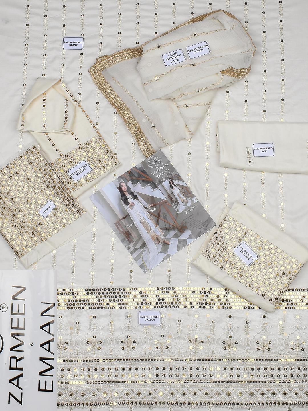 3 Pcs Women's Unstitched Linen Embroidered Fancy Suit By Zarmeen & Emaan