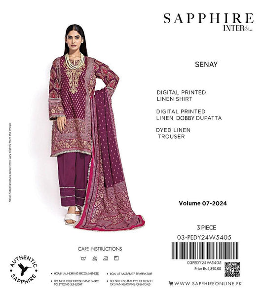 Sapphire 3 Pcs Women's Unstitched Linen Printed Suit