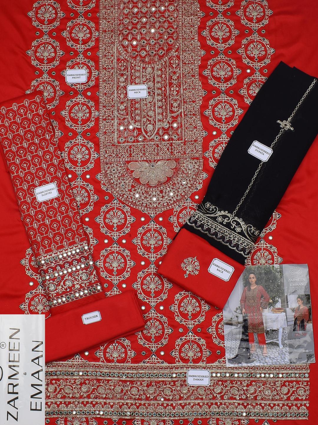 3 Pcs Women's Unstitched Linen Embroidered Fancy Suit By Zarmeen & Emaan