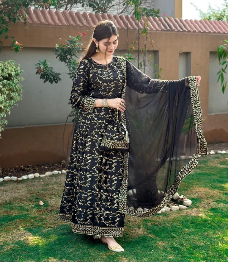 Elegant Black Silk Embroidered Lehenga Set - 4 Pcs Ensemble