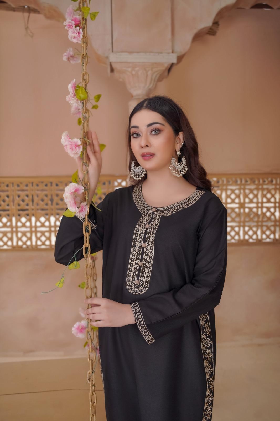 2 Pc Stylish Dhanak Embroidered Women's Stitched Shirt and Trouser Set