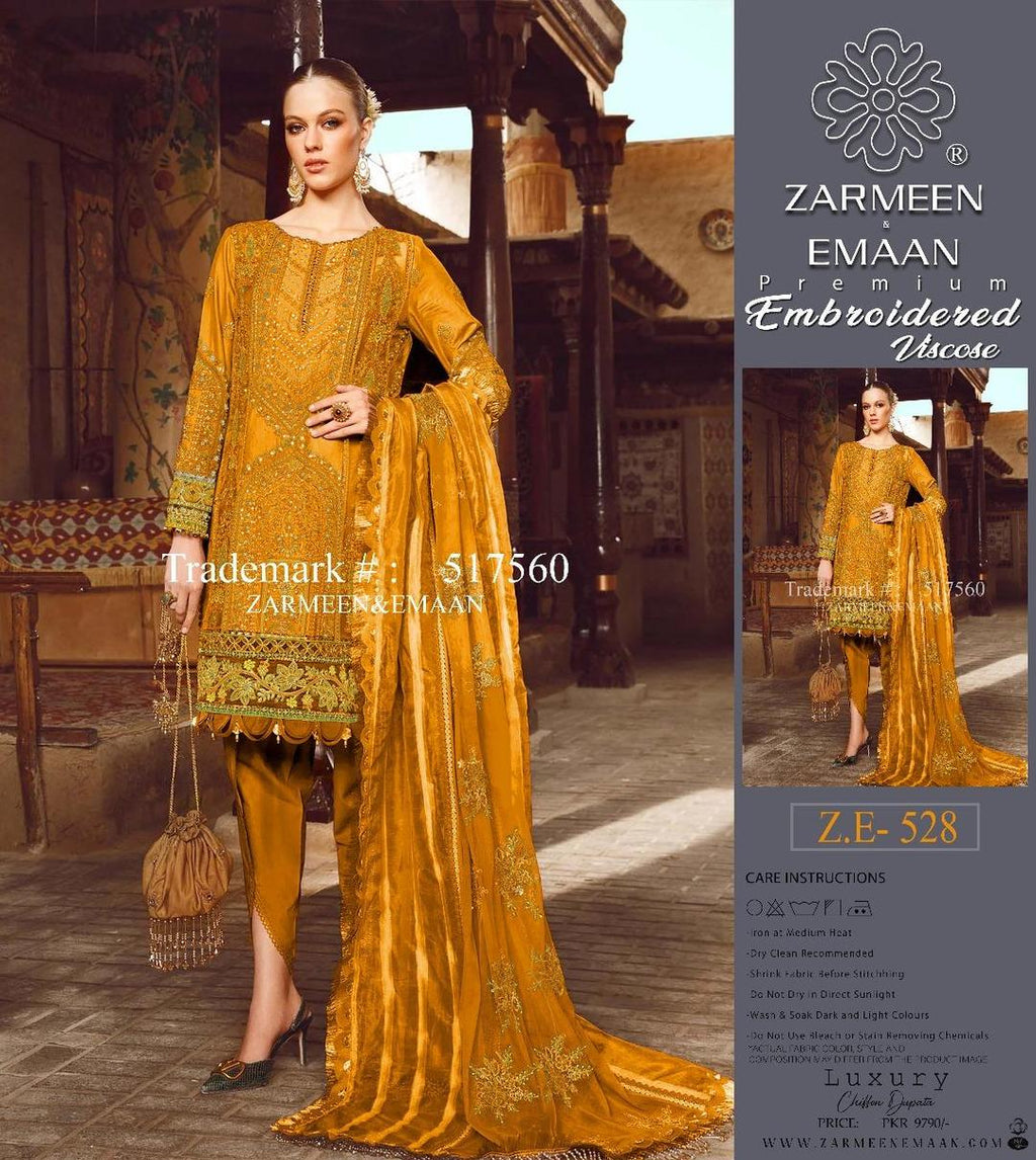 3 Pcs Women's Unstitched Linen Embroidered Fancy Suit By Zarmeen & Emaan
