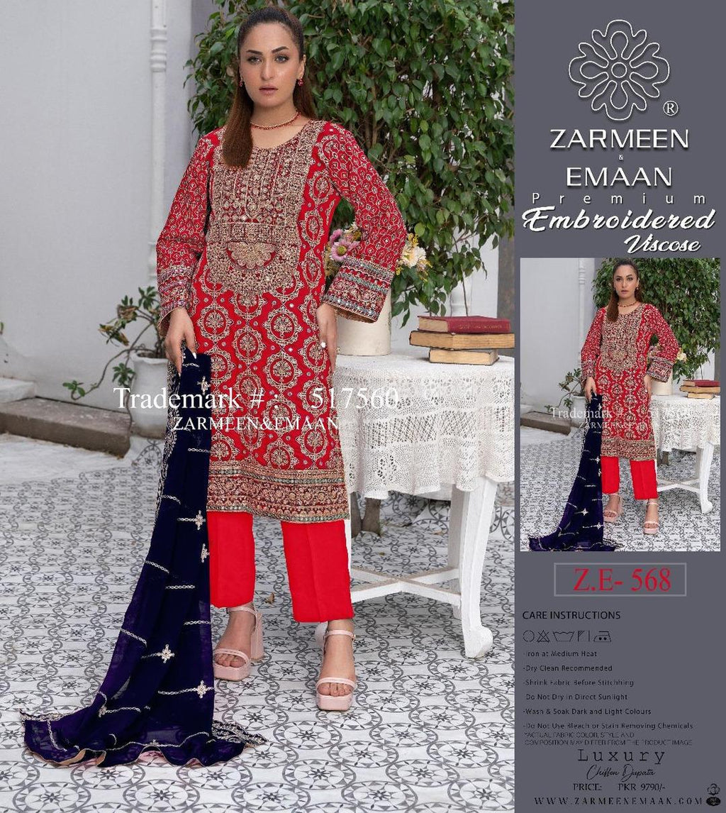 3 Pcs Women's Unstitched Linen Embroidered Fancy Suit By Zarmeen & Emaan