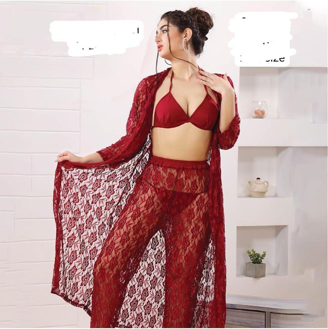 Charming Night Suit for Women - 2 Pcs Lace-Work Nightgown and Robe Set