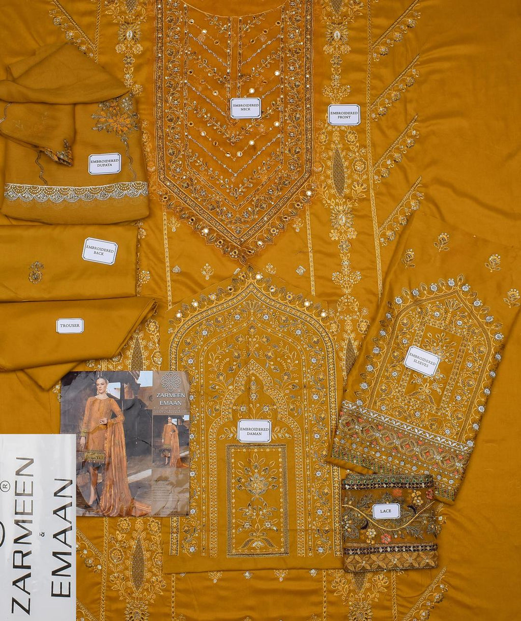 3 Pcs Women's Unstitched Linen Embroidered Fancy Suit By Zarmeen & Emaan