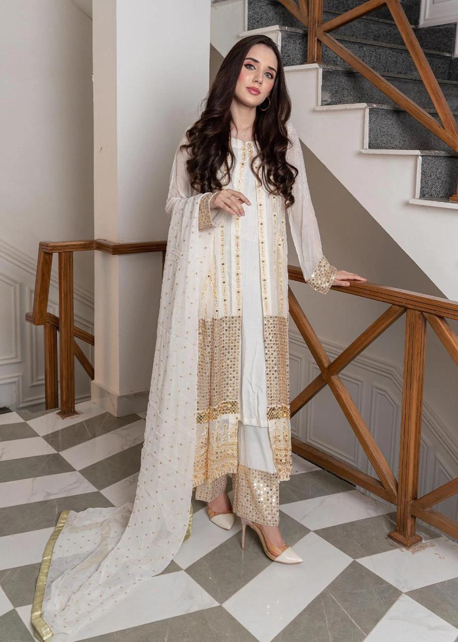 3 Pcs Women's Unstitched Linen Embroidered Fancy Suit By Zarmeen & Emaan