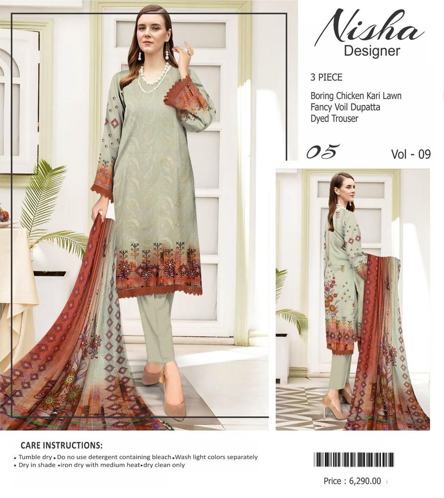 3 Pcs Women's Unstitched Lawn Chikankari Embroidered Suit By Nisha Designer