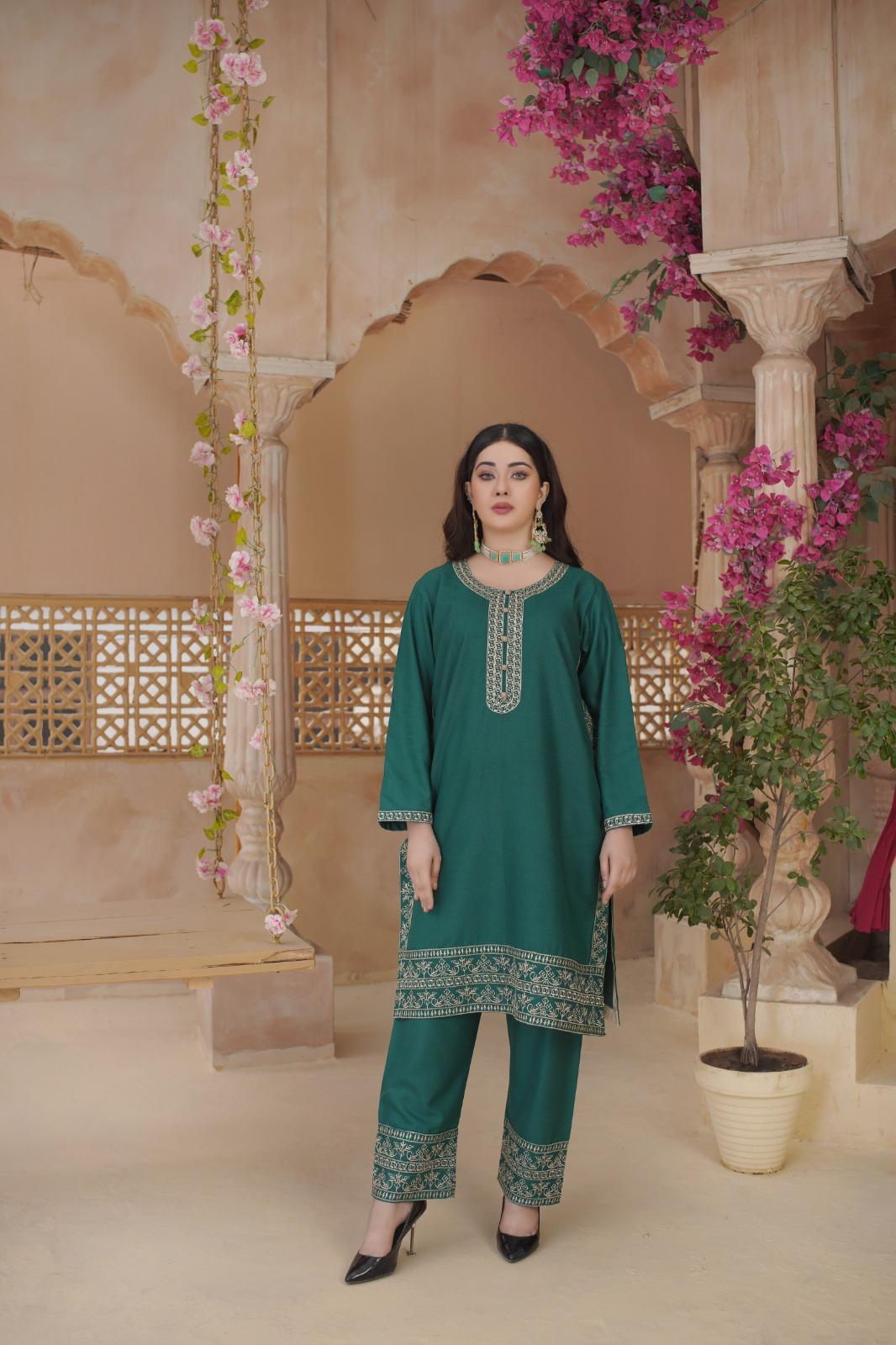 2 Pc Stylish Dhanak Embroidered Women's Stitched Shirt and Trouser Set