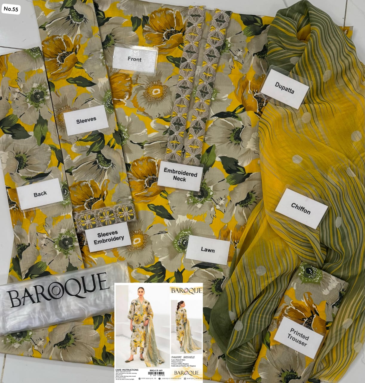 3 Pc Lawn Unstich Suit By Baroque