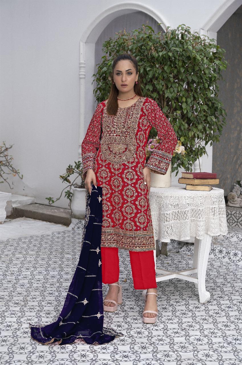 3 Pcs Women's Unstitched Linen Embroidered Fancy Suit By Zarmeen & Emaan